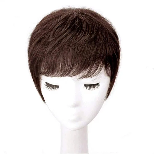 Vista 3 de Toppers de cabello humano con clip y flequillo, extensiones de cabello para mujeres con cabello delgado, 5.9 x 6.3 pulgadas, lacio, color marrón