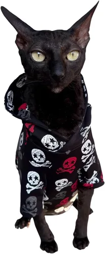 Vista 4 de Sudadera con capucha de gato calaveras en negro 100% algodón para Sphynx y gatos desnudos (grande)