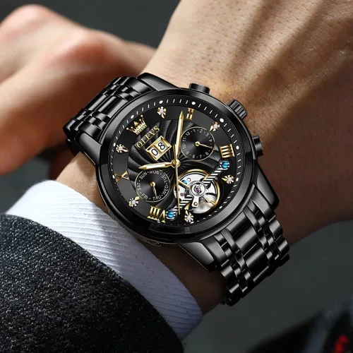 Vista 3 de OLEVS Relojes automáticos para hombres, reloj de pulsera mecánico de esqueleto de lujo dorado con cuerda automática, diamante luminoso, impermeable
