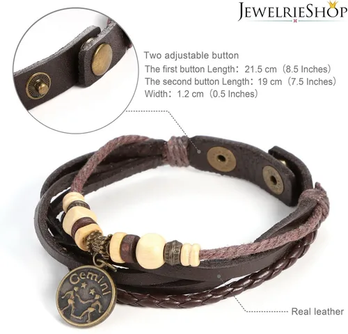 Vista 3 de JewelrieShop - Pulsera de piel auténtica trenzada con cuerda, diseño del zodiaco, ajustable, para hombre y mujer