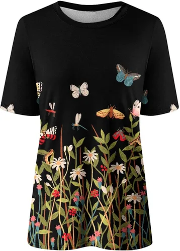 Vista 4 de Long Shirt Women Women's Summer Round Neck Flower Print Short Sleeve T-Shirt Top Blouse Juniors Summer Tops