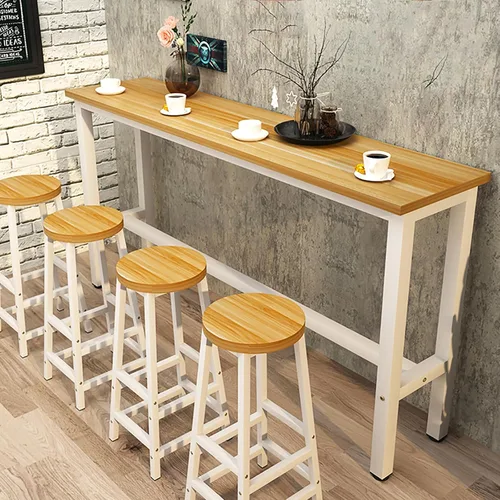 Vista 11 de Mesa de bar moderna, mesa de sofá de consola de madera, mesa de comedor larga para desayuno, mesa de bar de cocina, mesa de café, barandilla de Negro