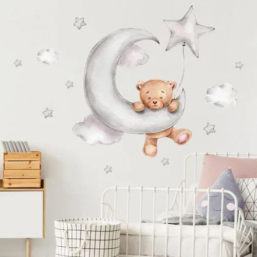 Vista 3 de Enfudid - 2 calcomanías de pared de oso de peluche durmiendo en la luna y estrellas para habitación de niños, habitación de bebé, habitación