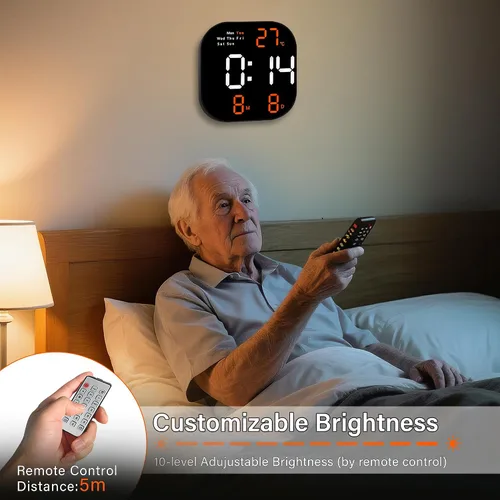 Vista 3 de Reloj de pared digital con pantalla LED grande, brillo automático, temperatura, fecha y día de la semana, control remoto, moderno reloj de pared