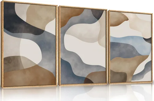 Vista 49 de Lienzo decorativo abstracto grande con marco naranja quemado, decoración de pared azul neutro y negro, arte moderno con pinceladas, impresión