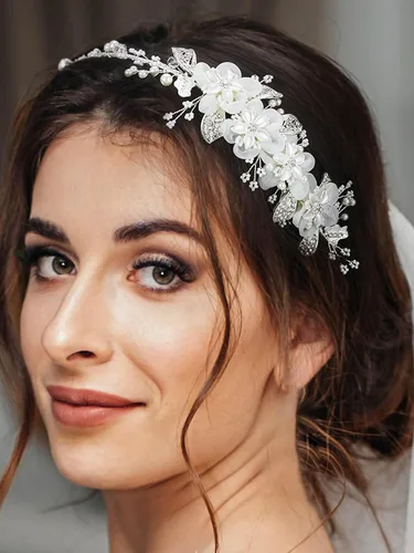 Vista 2 de SWEETV Diademas nupciales de flores marfil para boda, bandas para el cabello, accesorios para el cabello para mujeres novias