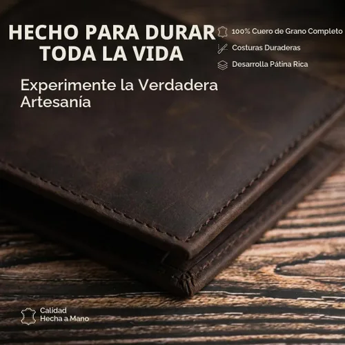 Vista 3 de Billetera plegable de cuero RFID premium para hombre Cuero de grano completo, protección RFID, Marrón (Chestnut Brown), Talla única, Minimalista