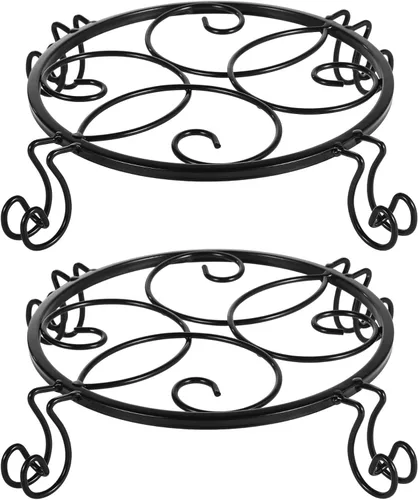 Vista 2 de 2 Pack Iron Flower Pot Stands, Black Round Rustproof Plant Display Racks With Wheels And Curved Designs