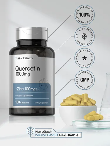 Vista 6 de Horbäach Quercetina 1000mg 100 Cápsulas con 100 mg de Zinc Fórmula de alta potencia Suplemento sin OMG, sin gluten