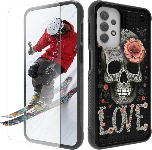 Vista 24 de Funda para Samsung Galaxy A13/A04/A04S/A23/A32 5G con protector de pantalla, parte trasera con textura de policarbonato duro, hermosa flor, diseño