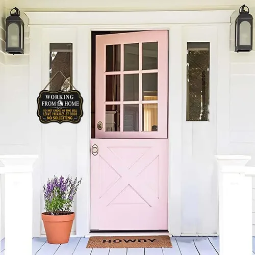 Vista 6 de Letrero con texto en inglés "Working from Home" ("Do Not Knock or Ring Bell Leave Packages at Door No Soliciting") para puerta delantera, letrero