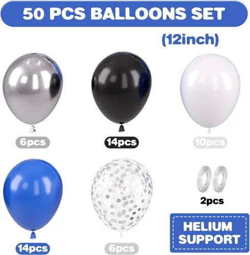 Vista 2 de Globos azules y negros, globos de graduación de 12 pulgadas, globo de látex de confeti azul oscuro, negro, blanco, plateado metálico, para niños