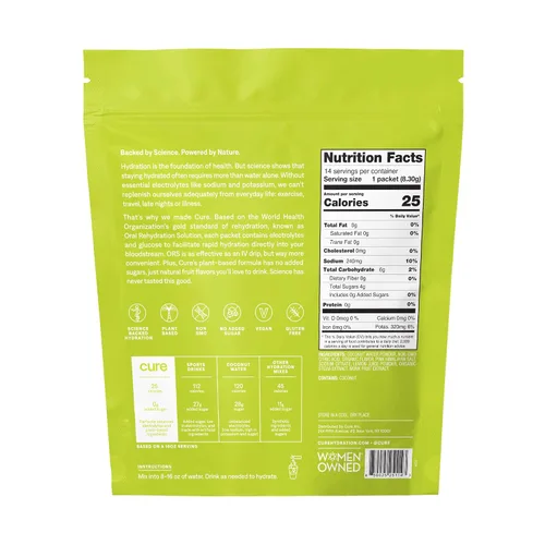 Vista 2 de Cure Hydration Mezcla de electrolitos Polvo de electrolitos para alivio de la deshidratación y energía Fabricado con agua de coco Sin azúcar