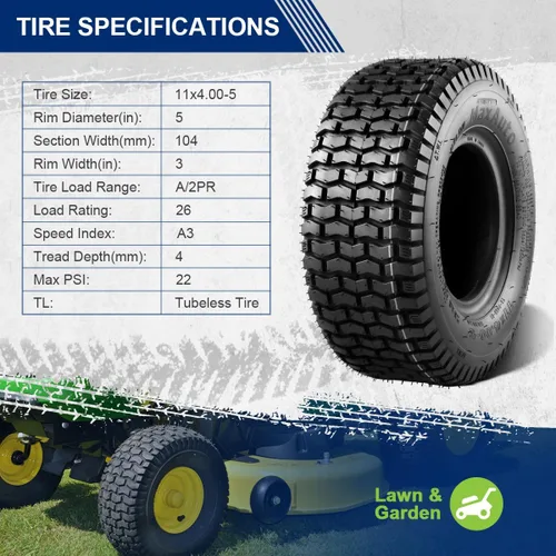 Vista 3 de MaxAuto 2 neumáticos de césped de 11 x 4 x 5 11 x 4.00-5 para césped y jardín, podadora de carrito de golf, P512 LRA 11X4-5 Front Mower Tires