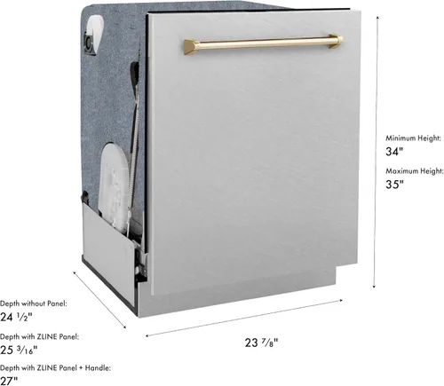 Vista 3 de ZLINE Autograph Edition - Lavavajillas de bañera alta con control táctil de 24 pulgadas con panel de acero inoxidable satinado y mango dorado
