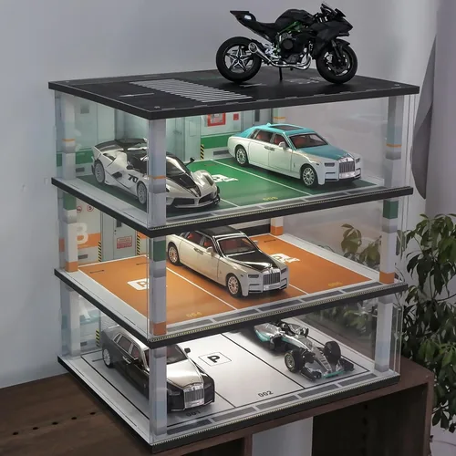 Vista 2 de kivcmds Vitrina modelo de coche a escala 1:18 Diorama Diorama Garage con luces para coches coleccionables de aleación Lego, estante