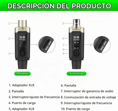Vista 8 de Transmisor y receptor inalámbrico XLR y receptor transmisor de guitarra inalámbrico, adaptador de micrófono recargable de 16 canales de 196 pies