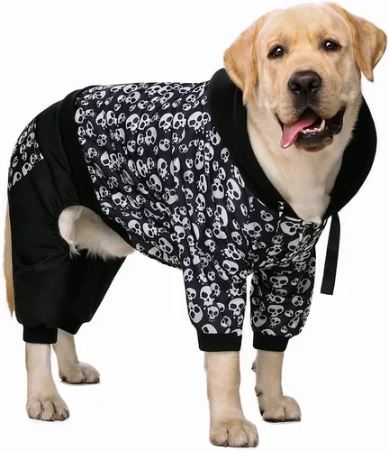 Vista 2 de Disfraz de esqueleto de Halloween para perro: sudadera con capucha negra con bolsillo para perros medianos y grandes
