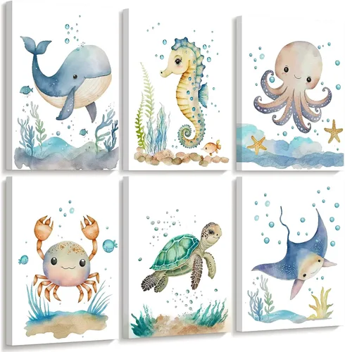 Vista 18 de Juego de 6 decoración de pared de animales marinos para guardería, lienzo de acuarela de océano, arte de pared para habitación de bebés y niños