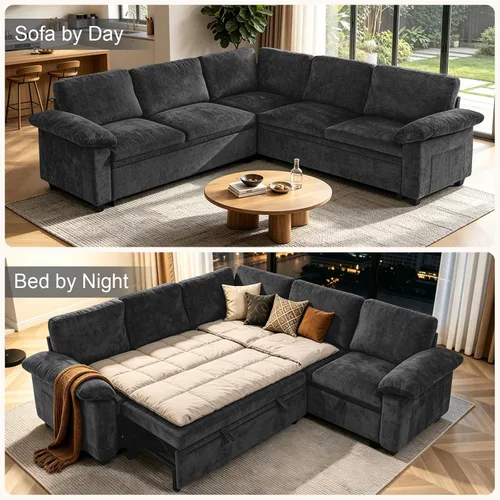 Vista 4 de Sofá cama modular modular con cama extraíble, sofá modular de 5 asientos en forma de L con almacenamiento, sofá nube, sofás seccionales convertibles