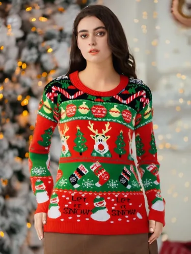Vista 19 de v28 - Suéteres feos de Navidad variados, para mujer, suéter de punto con diseño de reno feliz