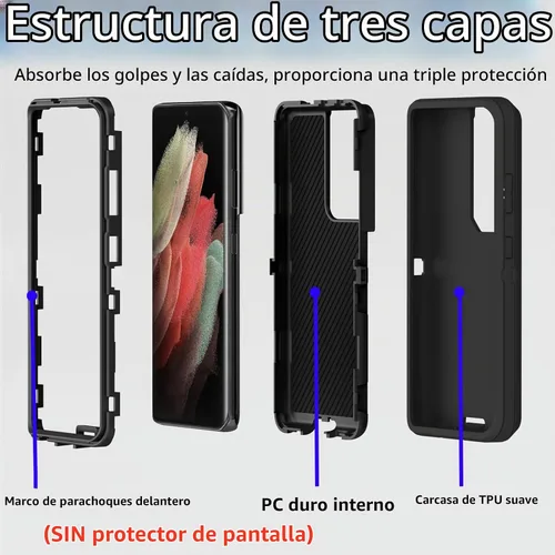Vista 2 de Funda protectora resistente para Samsung Galaxy S21 Ultra, resistente a prueba de polvo, a prueba de golpes, protección contra caídas, 3 en 1