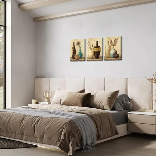 Vista 5 de sechars Arte de pared vintage con florero, flores de granja, pintura de hierba de las pampas, lienzo, cuadros de lienzo, arte estético retro marrón