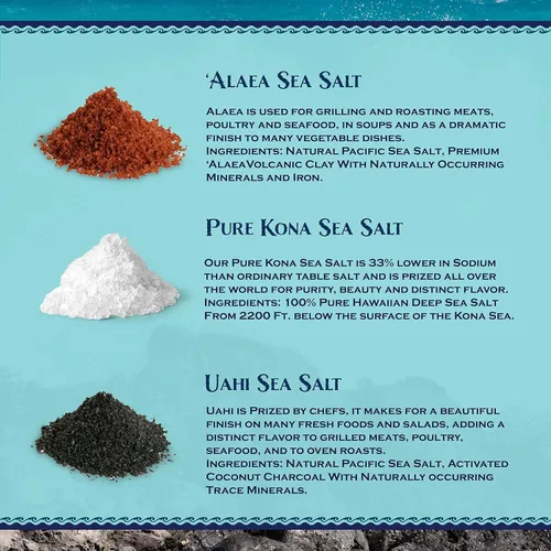 Vista 2 de Sea Salts of Hawaii Variedad de 3 unidades, sal de arcilla roja Alaea, sal hawaiana pura de Kona, sal marina hawaiana con sabor negro Uahi