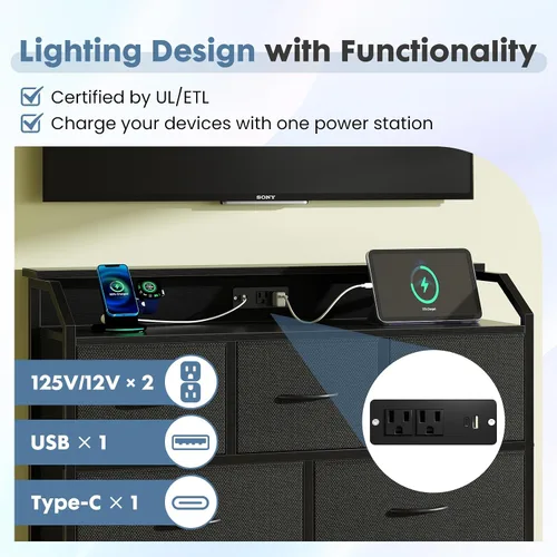Vista 6 de DUMOS - Cómoda para TV con 8 cajones de tela, cómoda, color negro APP Control LED Lights and Type-C Charging Station, Fabric Storage Tower TV