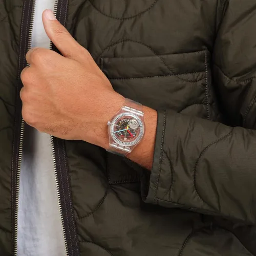 Vista 4 de Swatch Nueva correa de plástico de cuarzo BIO-SOURCED para hombre, transparente, reloj casual 18 (Modelo SO29K100) transparente, Transparente