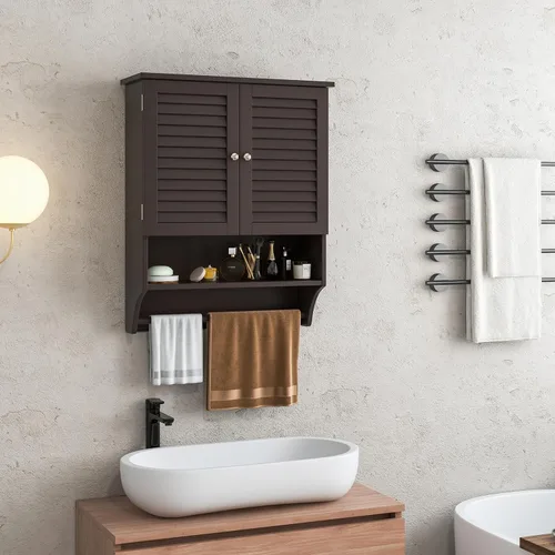 Vista 2 de Tangkula Armario de baño montado en la pared con estante abierto y barra, botiquín con puertas de doble rejilla, estante ajustable, armario
