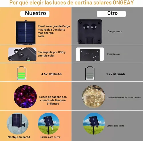 Vista 5 de 300 luces LED solares para cortina, para interiores y exteriores, luces solares de Navidad, para ventana de hadas, impermeables, parpadeantes, 8