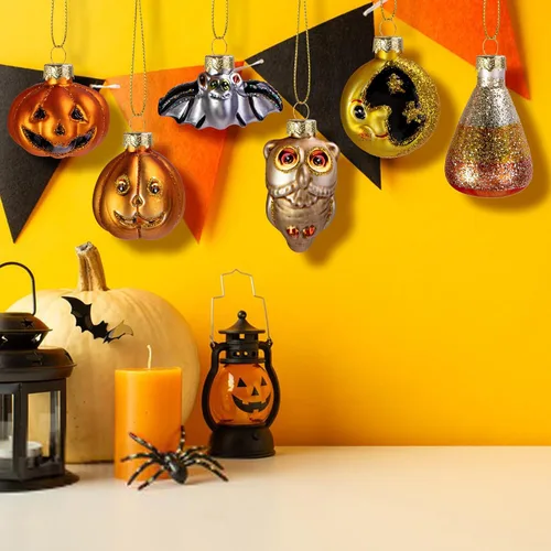 Vista 7 de Deloky 6 adornos colgantes de vidrio soplado de Halloween, decoración de Halloween, decoración de árbol de vidrio, adornos de Halloween, murciélago