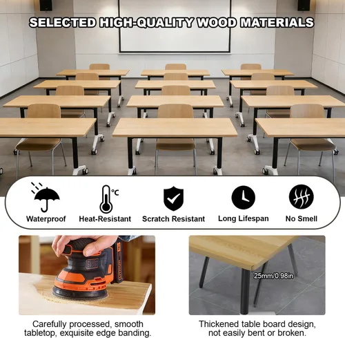 Vista 6 de Mesa de conferencias con tapa abatible, mesa modular plegable para sala de conferencias con ruedas, mesa de sala de reuniones con ruedas, mesa Hoja