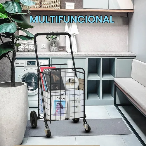 Vista 7 de Carrito de compras plegable con ruedas giratorias de 360°, carrito plegable de 66 libras de capacidad y mango de espuma extendido, para lavandería