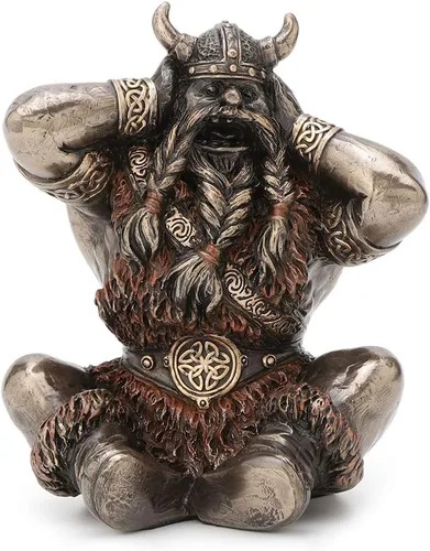 Vista 3 de Veronese Design Figura de resina de guerrero vikingo divertido de 4 pulgadas Hear No Evil con acabado de bronce