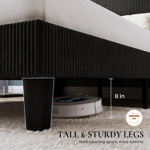 Vista 6 de SHA CERLIN - Base de cama tamaño Full tapizada en pana con plataforma y cabecera acolchada con diseño acanalado vertical estilo wingback, 8