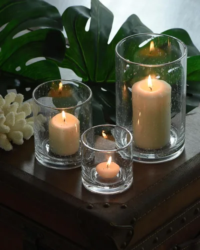 Vista 11 de Portavelas Azul para Velas de Pilar y Té, Jarrones Cilíndricos de Cristal con Burbujas Modernas Estilo Huracán, Centros de Mesa para Cocina, Isla