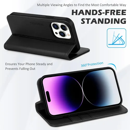 Vista 4 de SHIELDON - Funda tipo cartera de piel auténtica para iPhone 14 Pro de 6.1 pulgadas 2022, color negro Magnetic Closure, RFID Blocking, Credit Card