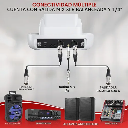 Vista 6 de Pyle Sistema de micrófono inalámbrico UHF - Receptor Bluetooth con 2 micrófonos de mano recargables, baterías de 1200 mAh, sonido claro