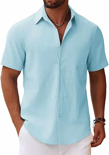 Vista 9 de COOFANDY Camisa de manga corta con botones para hombre, casual, de algodón, para verano, playa, lino, para boda, con bolsillo