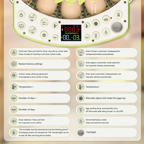 Vista 11 de Incubadora inteligente de 22 huevos, eclosión con un solo clic, control automático de humedad de temperatura, girador automático de huevos, vela