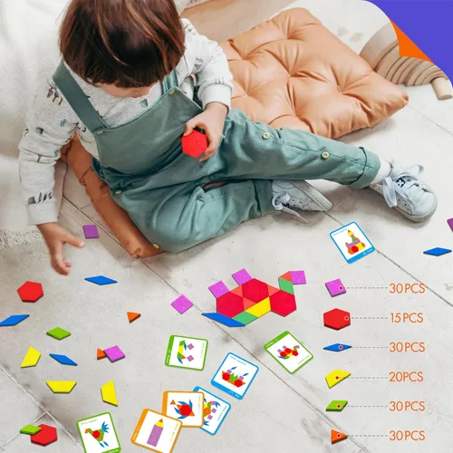 Vista 7 de 155 PIEZAS Juego de Bloques de Patrón de Madera, 24 Tarjetas de Diseño Doble Cara (48 Patrones) Rompecabezas de Forma Geométrica Divertido Tangram