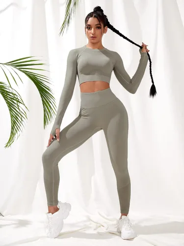 Vista 5 de Milumia Conjunto de entrenamiento de 2 piezas de cintura alta sin costuras para mujer, de manga larga, para ir al trabajo, yoga, talla L