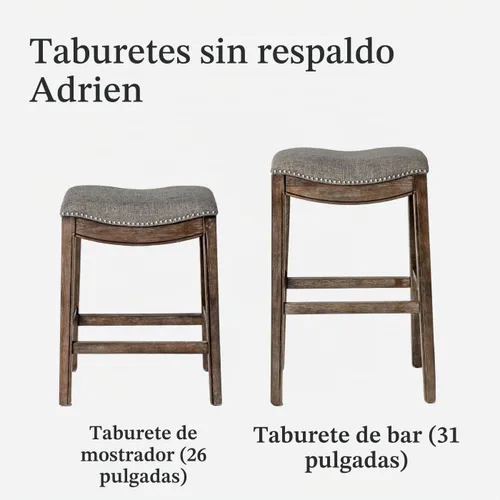 Vista 6 de Maven Lane Adrien Taburete de bar sin espalda, juego de 2, asiento de silla de montar de 31 pulgadas con reposapiés, marco de madera maciza marrón