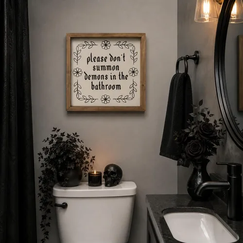 Vista 6 de flangairy Letrero de madera de 11.8 pulgadas con texto en inglés «Please Don't Summon Demons In The Bath», decoración de pared de baño de madera