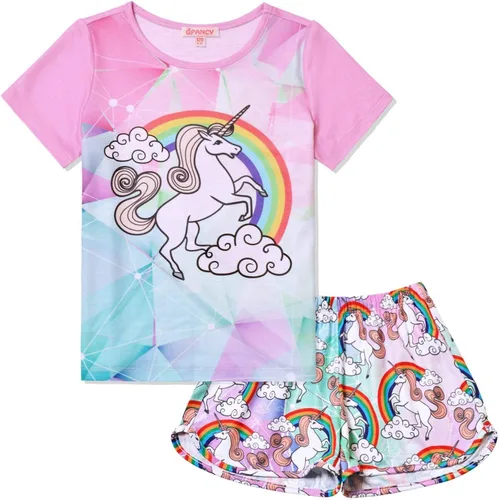 Vista 14 de QPANCY Pijamas de verano para niñas, conjuntos de pijamas de manga corta para dormir de verano