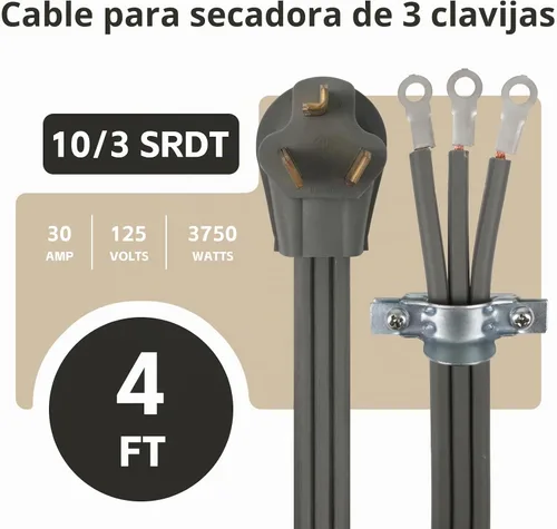 Vista 2 de Cable de secado de 3 puntas, 4 pies SRDT 10/3, cable de alimentación de extensión de electrodomésticos de 30 amperios, enchufe NEMA 10-30, gris