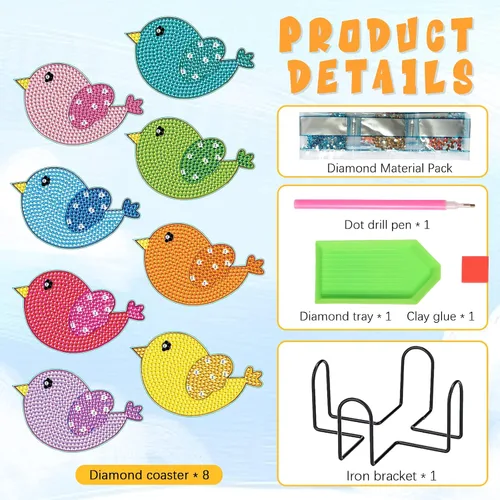 Vista 2 de Tontut 8 posavasos de madera de pintura de diamante con soporte, posavasos de pájaro pequeño, kits de arte de diamantes para principiantes, adultos