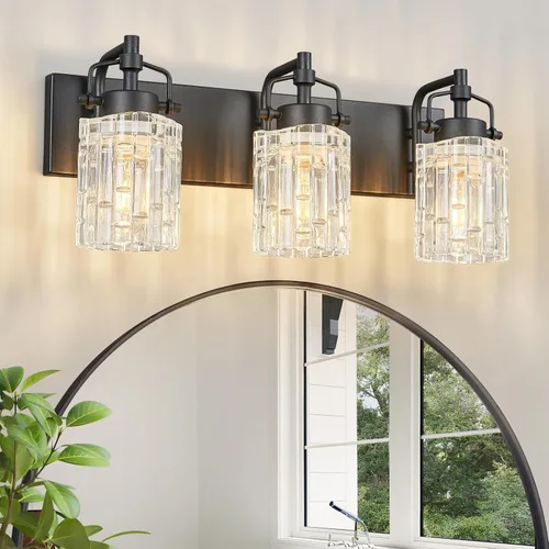 Vista 10 de Luz de Tocador de Baño de 2 Luces Moderna con Soporte de Vidrio de Cristal Luz de Baño Negra Accesorios de Iluminación de Tocador de Cristal